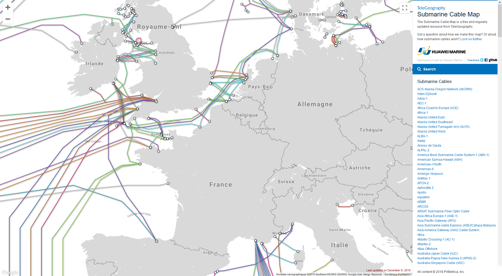 La carte mondiale des câbles de télécommunications sous-marins