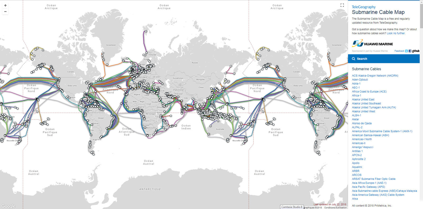 La carte mondiale des câbles de télécommunications sous-marins